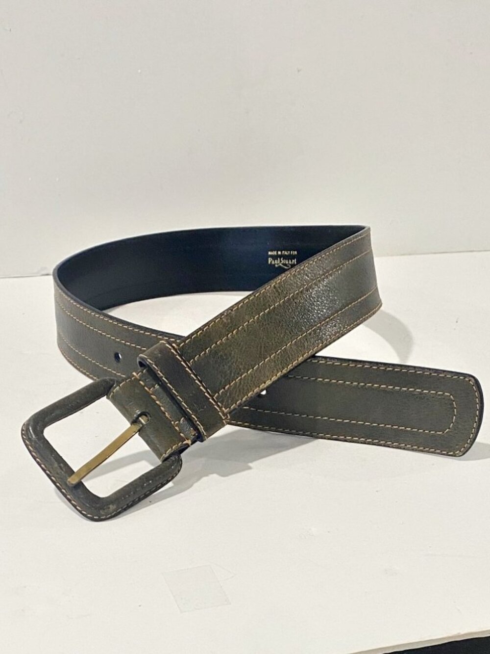 Paul Stuart Womens Dress Belt Green Leather Contrast Stitched Italy 26 US 24 New